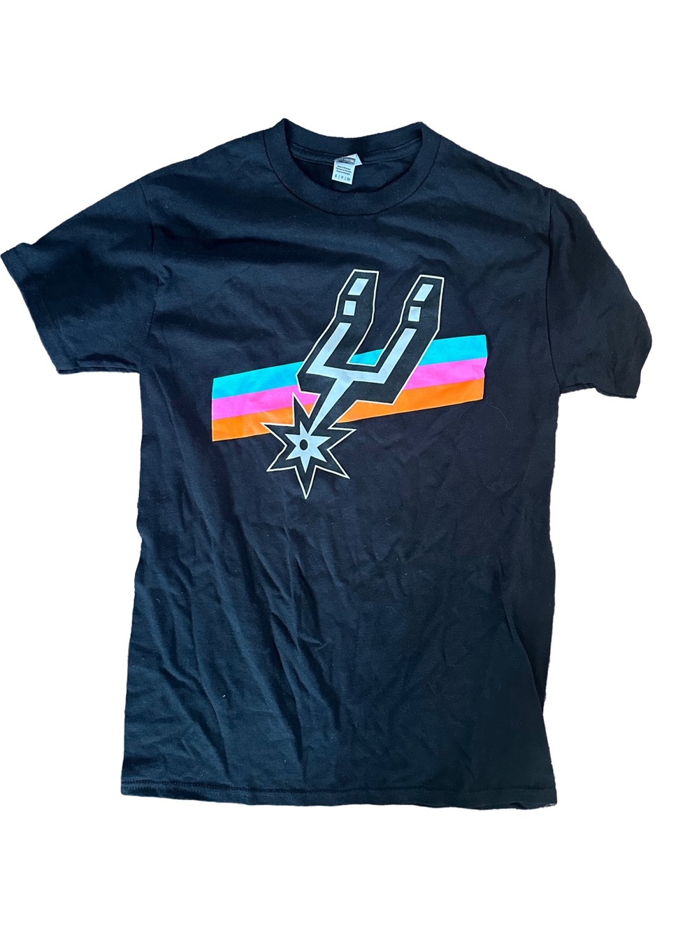 Gildan Black Tee with Teal Pink Orange Stripes and Spurs Logo